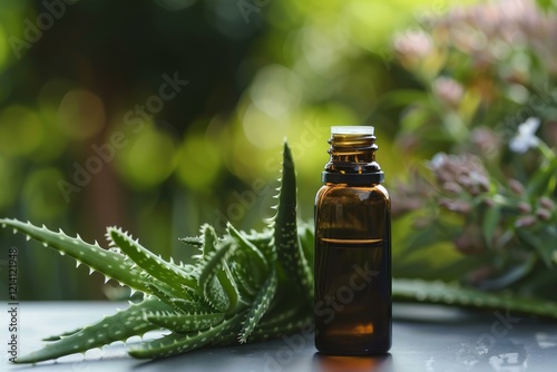 Bottle of essential oil is standing on a table with fresh aloe vera in the background