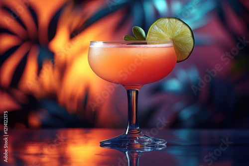 Cocktail set against a background that mimics tropical palm leaves, with colorful and dynamic lighting to highlight its bold red color. photo