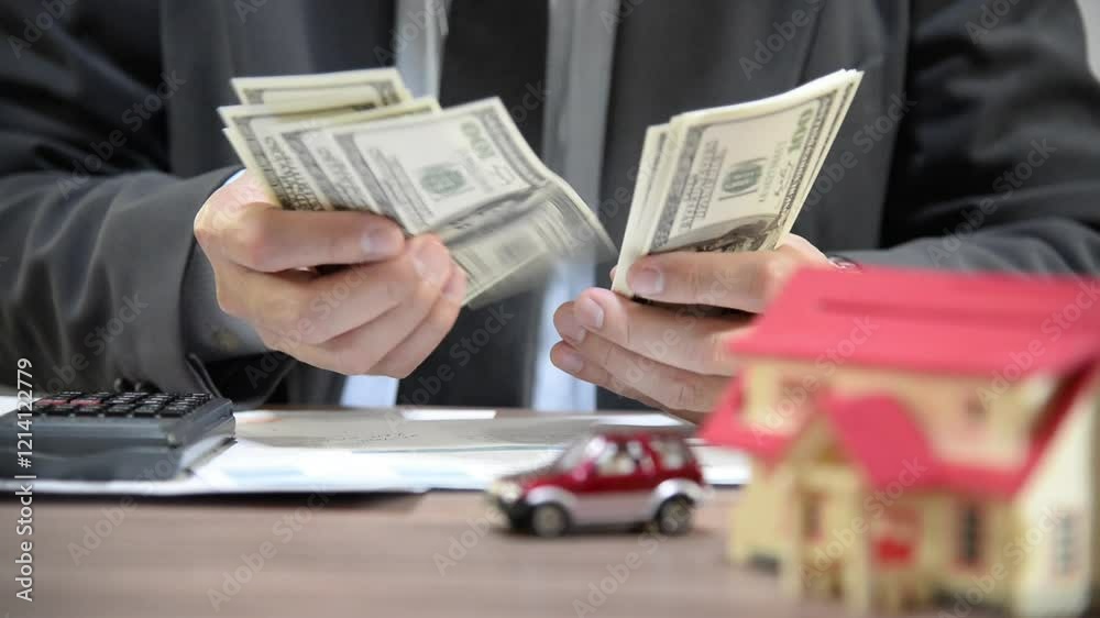Businessman counting dollar bills at a desk with a calculator, documents, and small toy models of a house and car, symbolizing financial planning, budgeting, or property investment