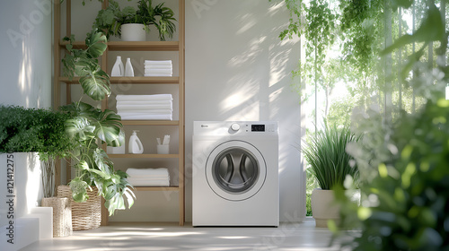 Modern Minimalist Washing Machine in Bright Laundry Room with Green Plants