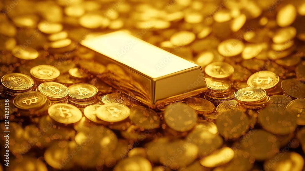 Shimmering Gold Ingot Amidst Bitcoin Wealth Shimmering Gold Ingot Amidst Bitcoin Wealth