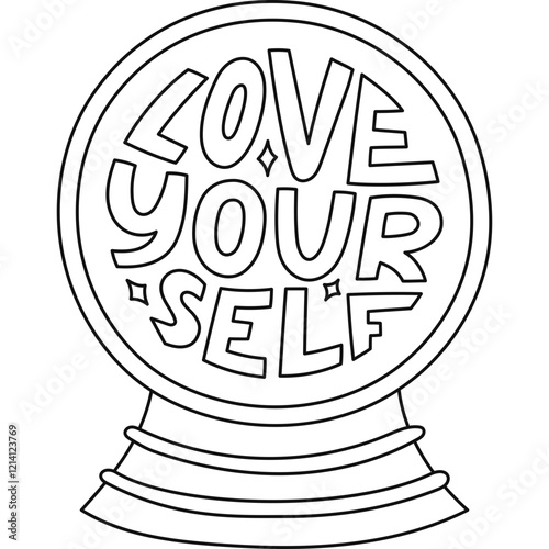 Lovely doodle magical crystal ball of fortune teller with bold typography in circle Love Yourself. Cute hand drawn enchanted glass ball with psychological instruction for future isolated on white