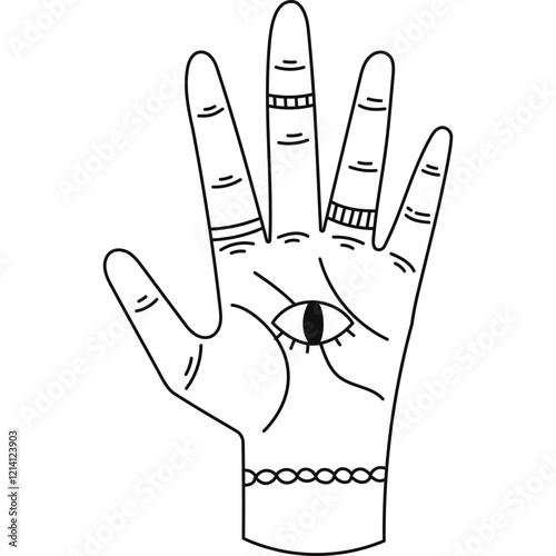 Lovely outline women palm with all seeing eye in the center, rings, bracelet. Hand drawn sign of fortune teller, palmistry, forecast of future, Hamsa hand talisman. Esoteric doodle isolated on white.