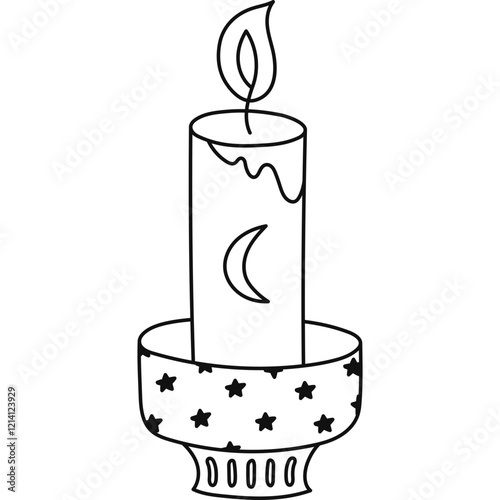 Lovely outline burning candle with crescent moon in mystery candlestick with stars pattern. Cute hand drawn wax or paraffin lit candle for aromatherapy, spiritual ritual or hygge home aesthetic.