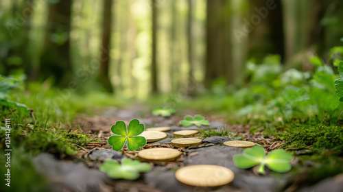 Enchanted pathway with leprechaun gold and shamrocks in an irish forest photo