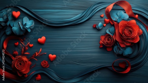 Romantic Valentine's Day Card Design on Rustic Blue Background with Red Hearts and Elegant Ribbons