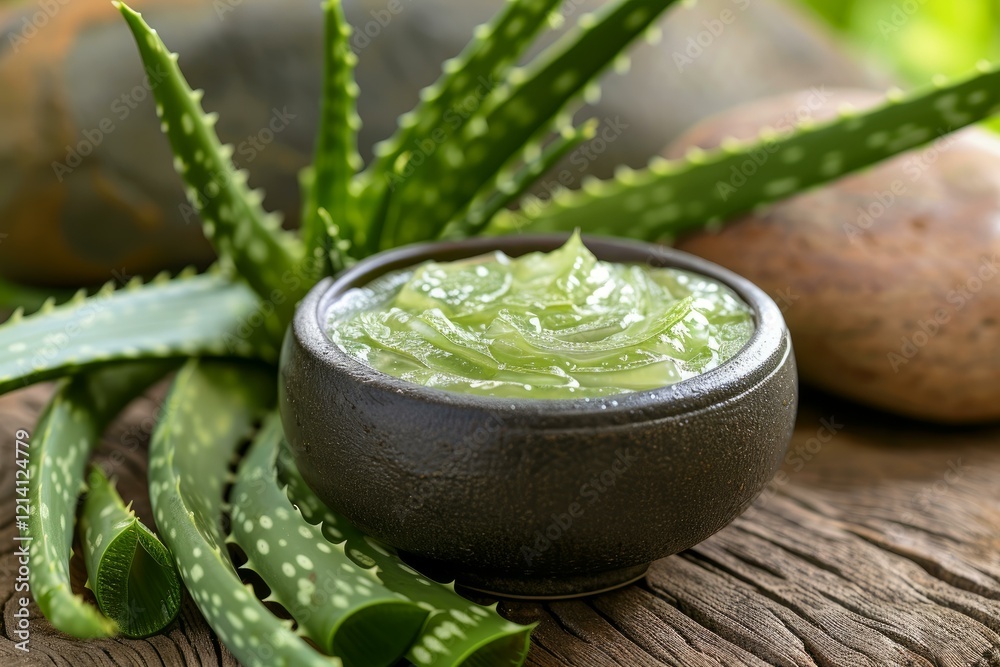 Φωτογραφία Fresh aloe vera plant and soothing gel sitting in a bowl on rustic wood offering
