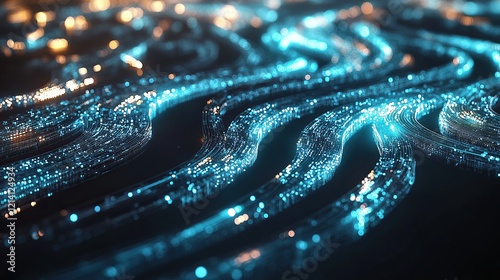 A flowing digital river of glowing blue and silver lines forming layers of abstract financial growth symbols