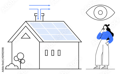 House with solar panels on roof and a woman observing. Ideal for sustainability, renewable energy, eco-friendly living, environmental awareness, modern housing, clean energy, green technology