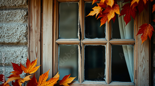 An old window with a large crack, surrounded by dried leaves photo