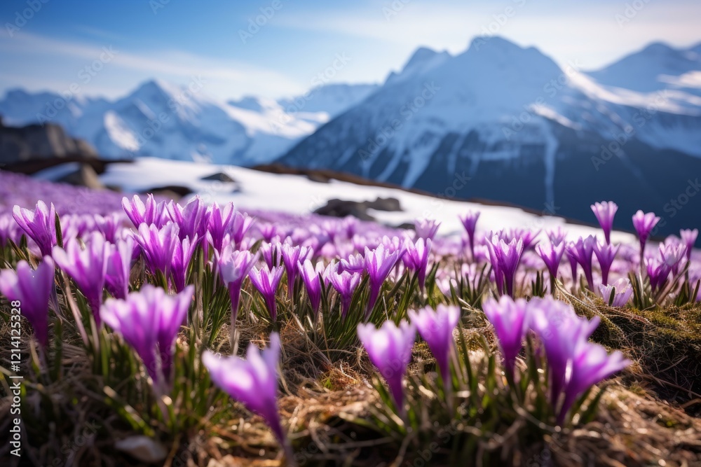 Fototapeta premium Beautiful purple crocuses blooming in a mountain meadow with snow capped peaks in the background