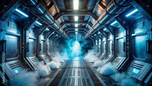 A long corridor with advanced metallic walls and glowing blue lights is filled with dense fog  creating a mysterious atmosphere reminiscent of science fiction environments