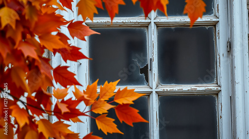 An old window with a large crack, surrounded by dried leaves photo