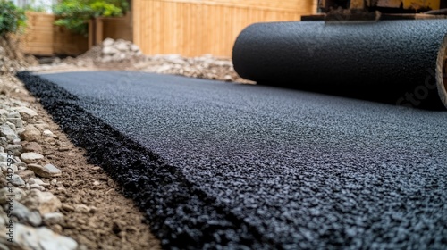 asphalt roller machine paving a new road with fresh asphalt in a construction site, roadwork infrastructure development in progress