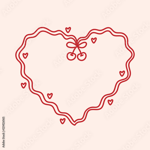 Coquette heart frame with cherry berry and hearts. Holiday trendy border. Vintage background. Whimsical card design, for valentine day, birthday, wedding. Minimalist line art