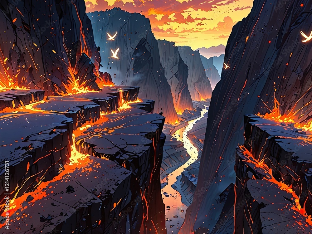 A dramatic canyon split by glowing molten lava flows, with fiery cracks illuminating the jagged cliffs. A serene river winds through the depths of the canyon, while white birds soar under a vibrant su A dramatic canyon split by glowing molten lava flows, with fiery cracks illuminating the jagged cliffs. A serene river winds through the depths of the canyon, while white birds soar under a vibrant su