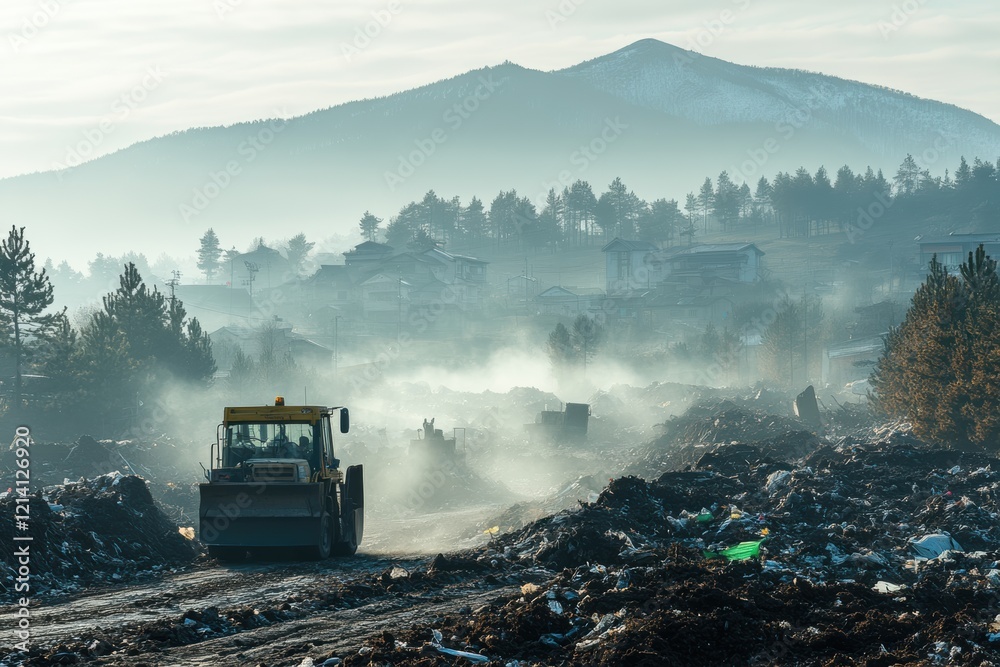 Fototapeta premium Construction equipment operates in foggy landscape of landfill site surrounded by mountains