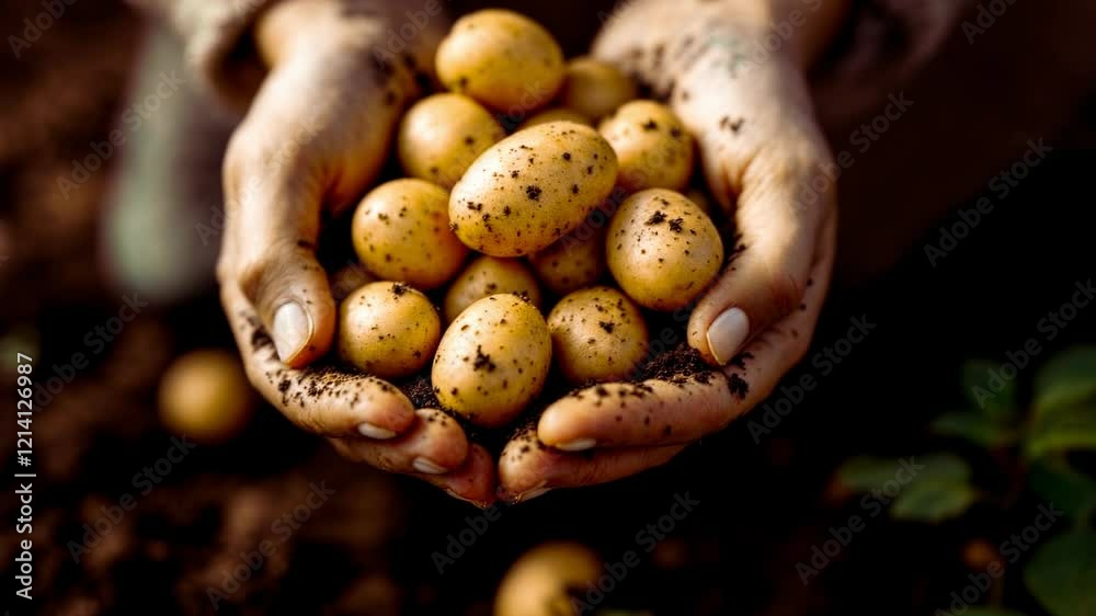Hands Holding Freshly Harvested New Potatoes Covered In Soil in Natural Setting