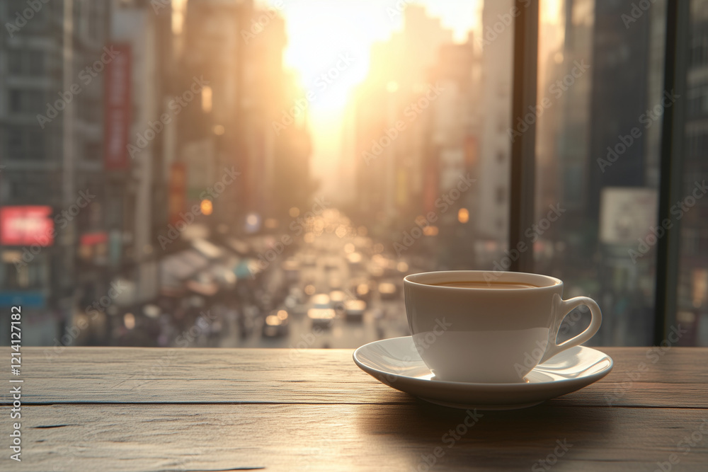 Fototapeta premium A cup of coffee or tea on a bustling cityscape outdoors.