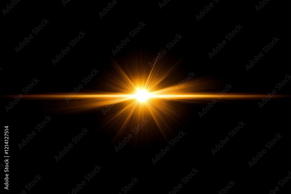 golden sun flare overlay effect on black background, radiant light burst design, for using over photos as overlay or screen filter