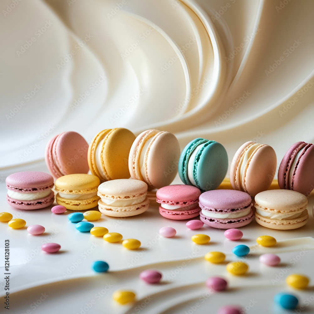 Obraz premium A front view french macarons along with colorful candies on white, biscuit cake color