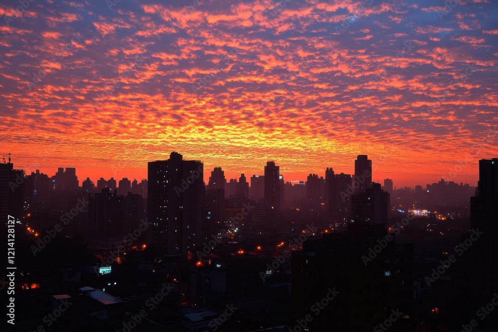 Fototapeta premium Stunning sunset over a bustling cityscape with silhouetted skyscrapers at twilight