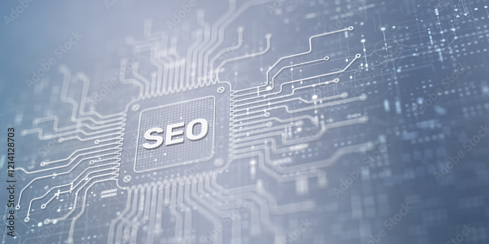 Fototapeta premium SEO Search Engine Optimization Techniques Illustrated on a Processor, Business and Technology Concept.