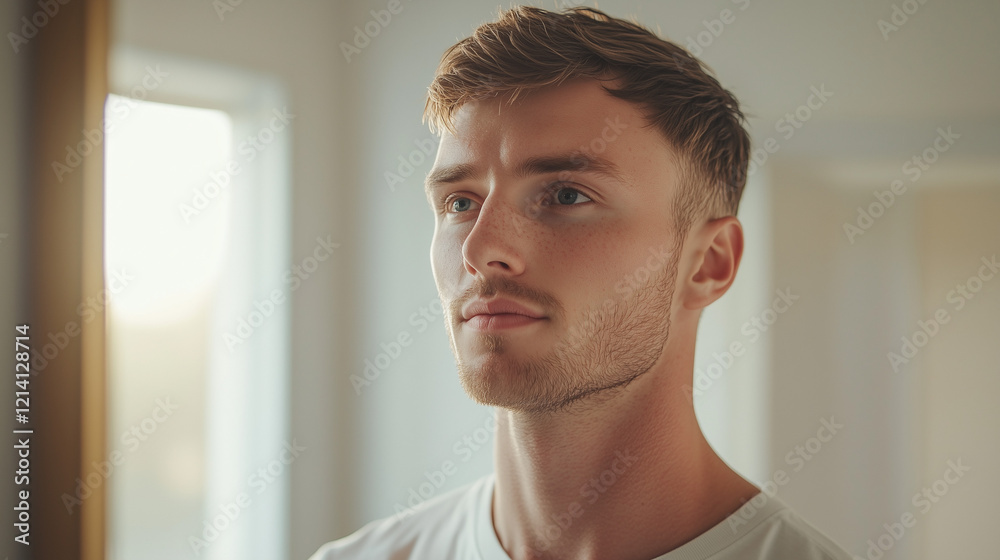 Rosacea Awareness Month, a man with a flushed face is standing in front of a mirror with natural light from the window, Ai generated images Rosacea Awareness Month, a man with a flushed face is standing in front of a mirror with natural light from the window, Ai generated images