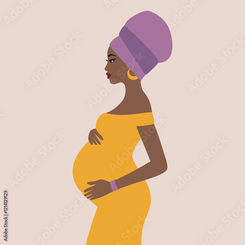 Bangla
Pregnant African Woman in Traditional Head Wrap, Side Profile. 
Pregnancy. Pregnant african black skin woman touching her belly. Motherhood. Happy Mother's Day. Hand drawn vector contemporary a