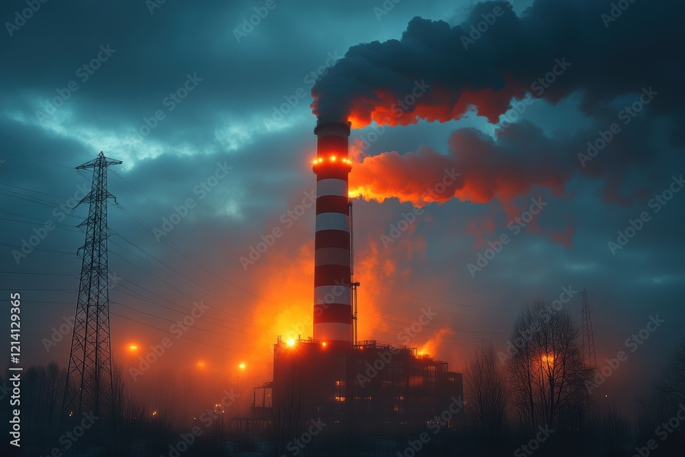 Fototapeta premium Industrial power plant under dark clouds with smoke and glowing chimneys at dusk