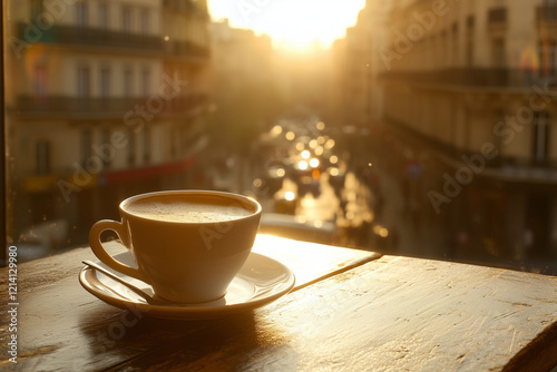 A cup of coffee or tea on a bustling cityscape outdoors.