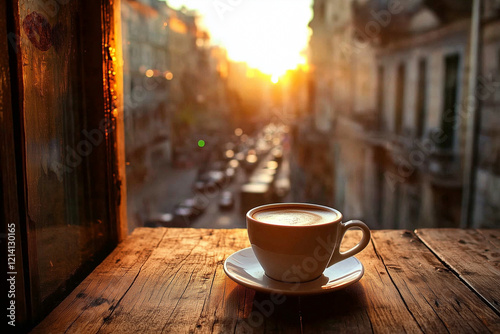 A cup of coffee or tea on a bustling cityscape outdoors.