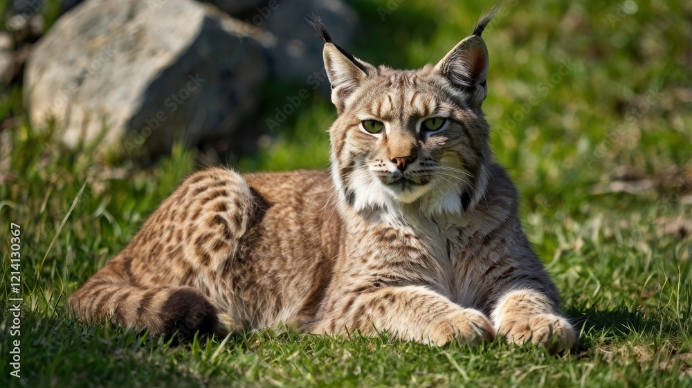 The fierce Alpine Lynx cat is sitting relaxed on the green grass under the blazing hot sun The fierce Alpine Lynx cat is sitting relaxed on the green grass under the blazing hot sun