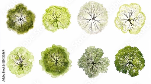 Eight watercolor tree top views with green foliage and dark branches on a white background