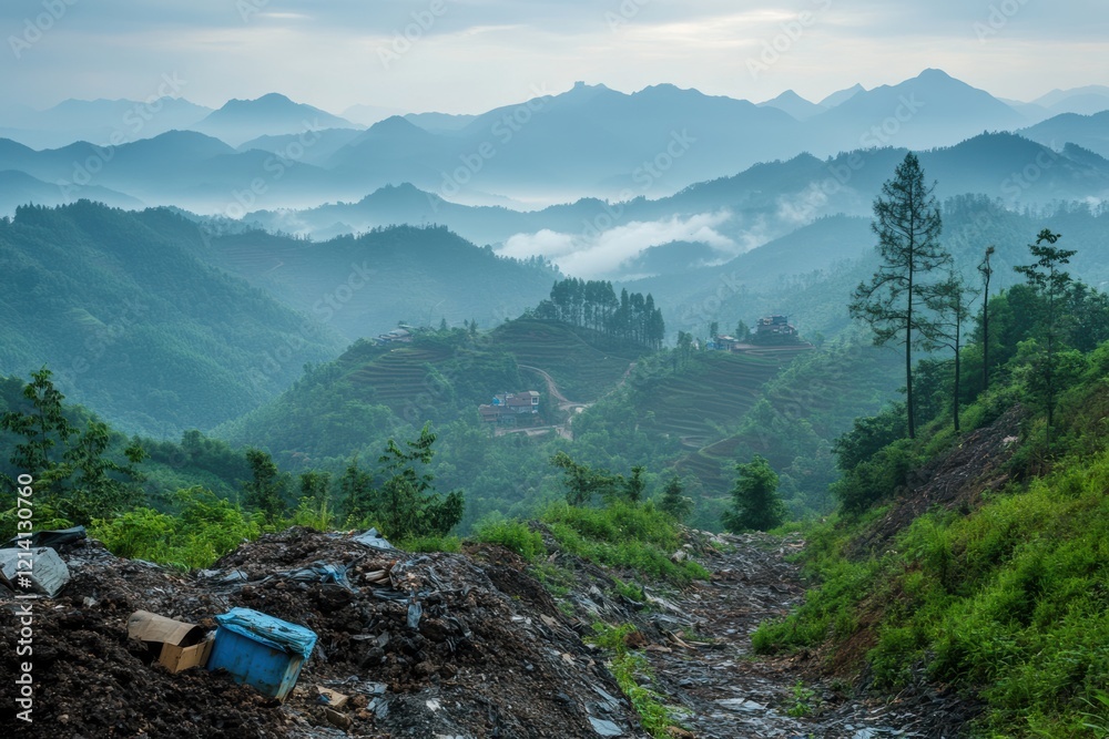 Majestic mountain landscape with lush greenery and misty valleys in the early morning Majestic mountain landscape with lush greenery and misty valleys in the early morning