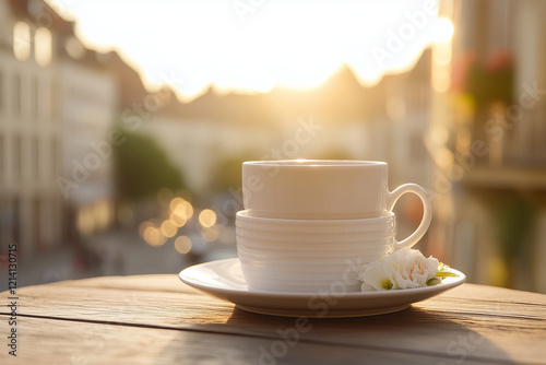 A cup of coffee or tea on a bustling cityscape outdoors.
