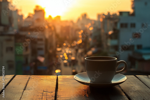 A cup of coffee or tea on a bustling cityscape outdoors.