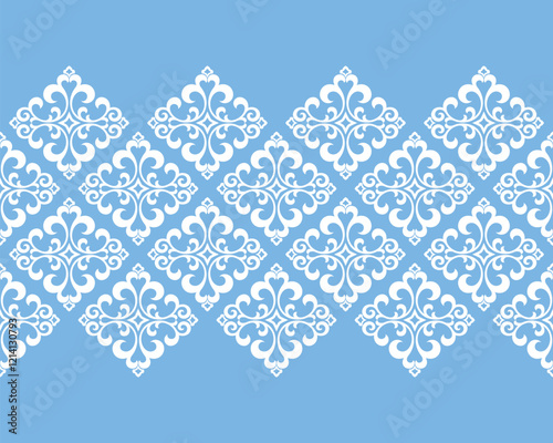Wallpaper in the style of Baroque. Seamless vector background. White and blue floral ornament. Graphic pattern for fabric, wallpaper, packaging. Ornate Damask flower ornament