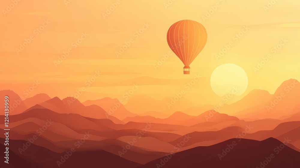 Obraz premium Illustration wallpaper of an hot air balloon floating in the sky over hills and mountains , banner background in paper art style with copy space