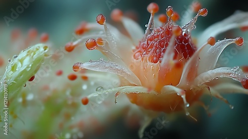 Dew-kissed flower with vibrant red and orange petals.