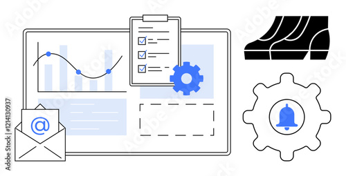 Digital dashboard with graphs, gear, task list clipboard, email icon, stairs, and notification bell. Ideal for project management, workflow, data analysis productivity tools business planning