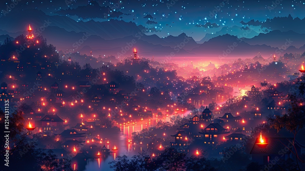 Fototapeta premium A Diwali celebration lights up an entire village in this glowing flat design illustration