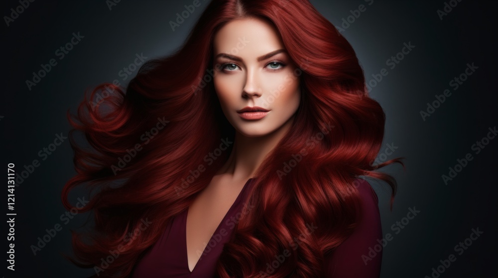 Vibrant red-haired model showcases long flowing locks in studio setting with dark backdrop Vibrant red-haired model showcases long flowing locks in studio setting with dark backdrop