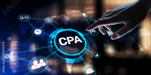 CPA Certified Public Accountant Professional Accounting and Financial Services, projection on a virtual screen, Business and Technology Concept.