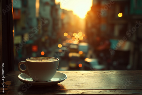 A cup of coffee or tea on a bustling cityscape outdoors.