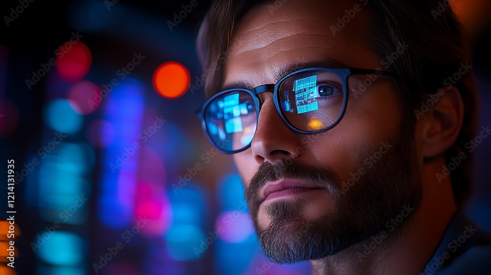 Focused man with data reflected in glasses. Focused man with data reflected in glasses.