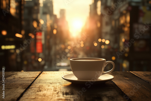 A cup of coffee or tea on a bustling cityscape outdoors.