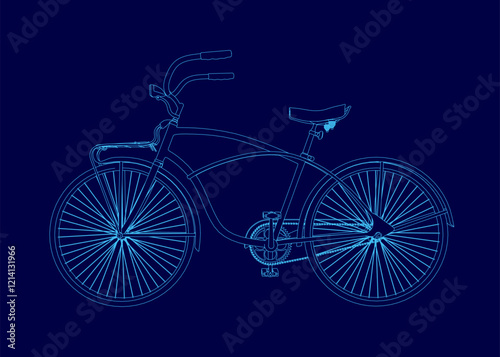 Blue bicycle with a seat and handlebars. The bike is shown in a stylized way, with the spokes of the wheel being the main focus. Concept of motion and energy