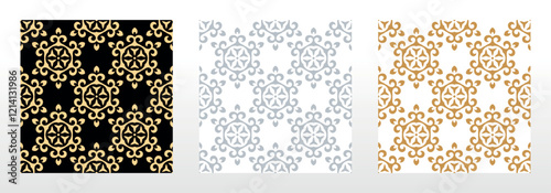  Wallpapers in the style of Baroque. Seamless vector backgrounds. Set of colored floral ornaments. Graphic patterns for fabric, wallpaper, packaging. Ornate Damask flower ornaments