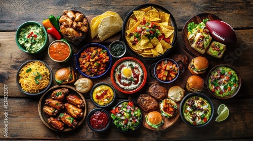 A vibrant flat lay of game day snacks: chicken wings, nachos, sliders, and colorful dips arranged on a rustic wooden table with a football in the corner, bright and bold lighting 
